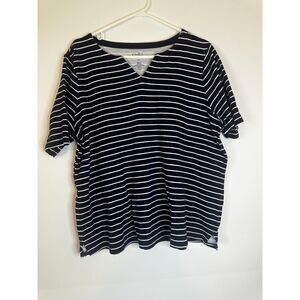 Croft & Barrow 1X Navy White Striped Short Sleeve Top V-Neck Plus Size